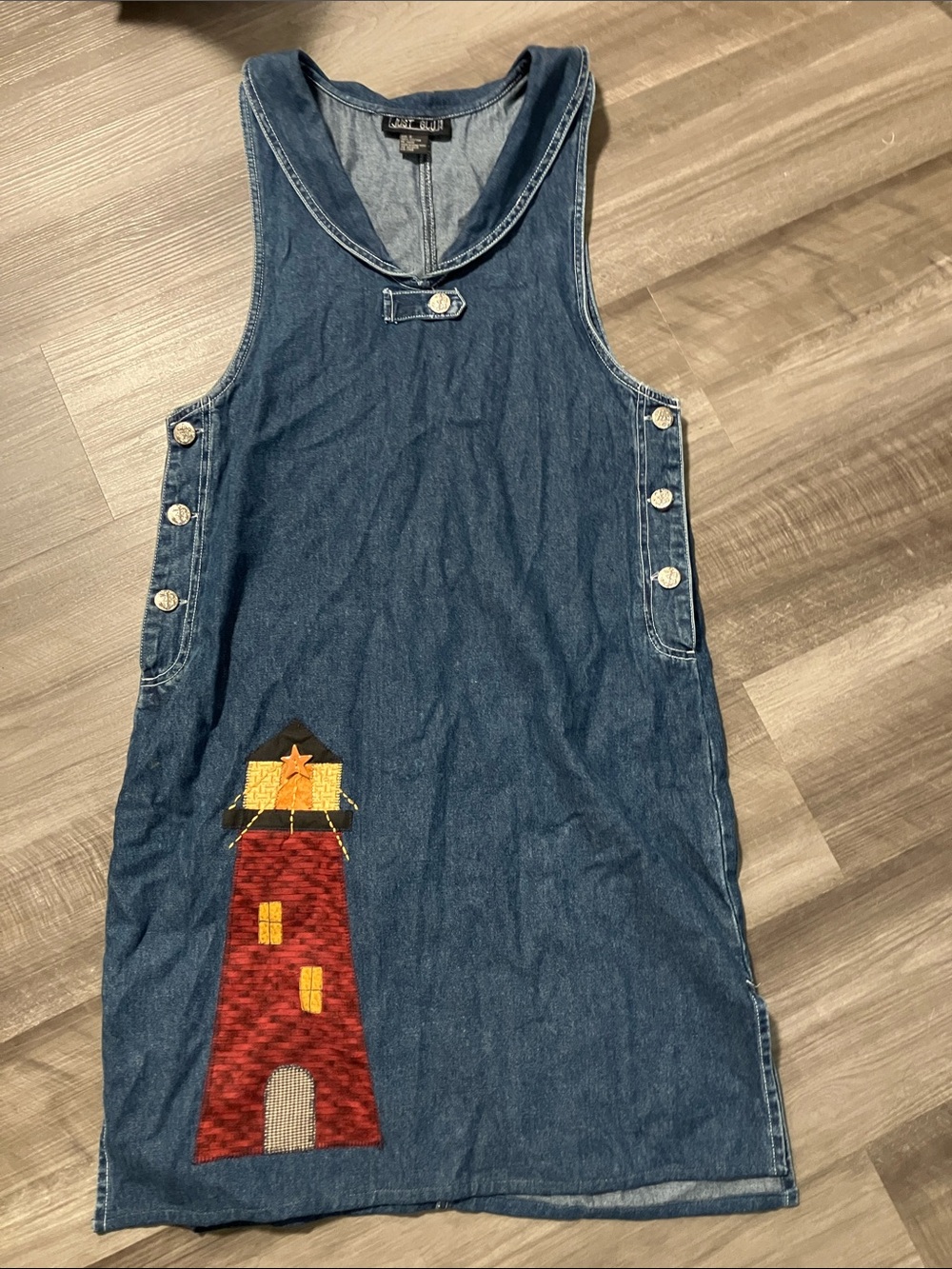 Vintage Just Blu Denim Pinafore Dress with Red Lighthouse Jumper Small Nautical